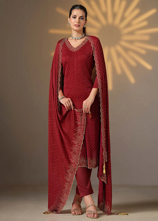 Maroon Embroidered Pant Suit