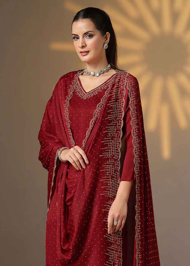 Maroon Embroidered Pant Suit