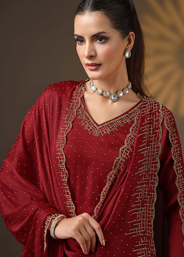 Maroon Embroidered Pant Suit