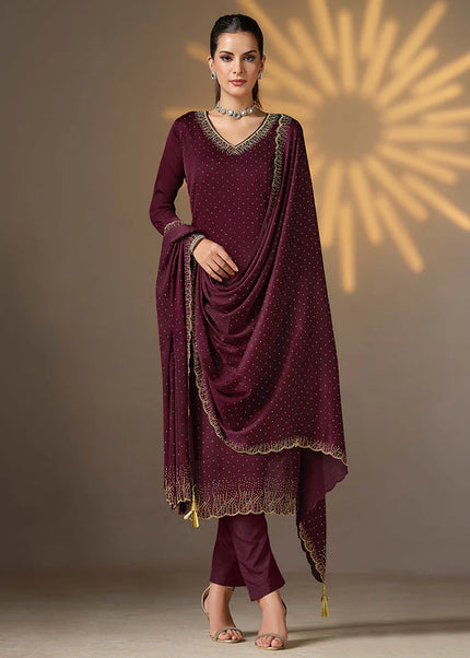 Wine Embroidered Pant Suit