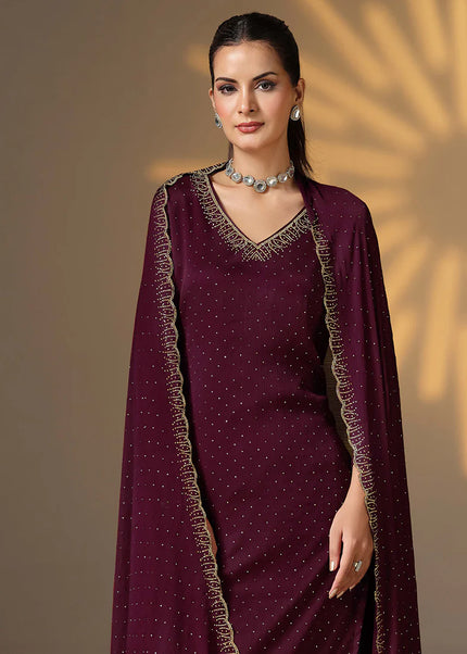 Wine Embroidered Pant Suit