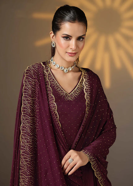 Wine Embroidered Pant Suit