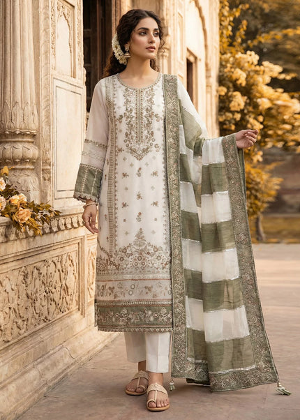 Offwhite and Green Embroidered Pant Style Suit