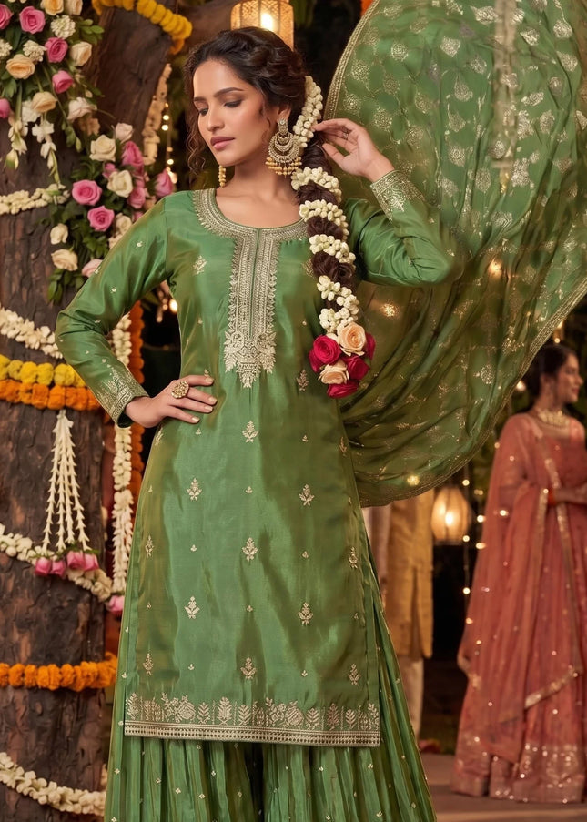 Green Embroidered Palazzo Suit
