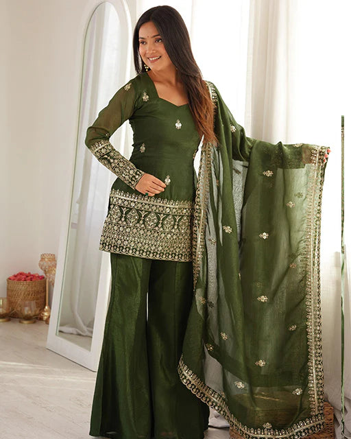 Green Embroidered Sharara Suit