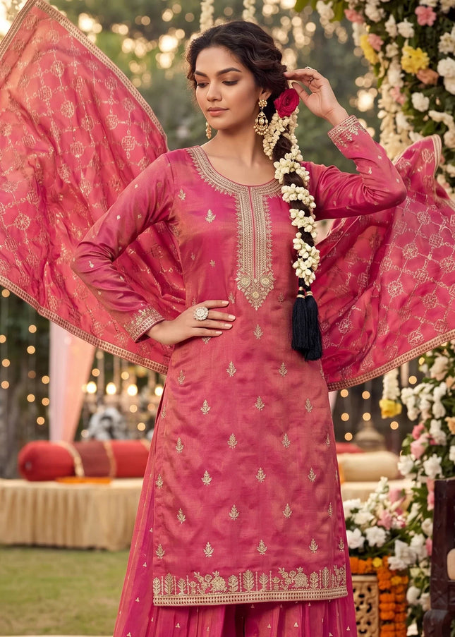 Pink Embroidered Palazzo Suit