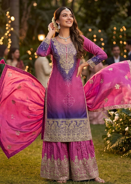Pink and Purple Embroidered Sharara Suit