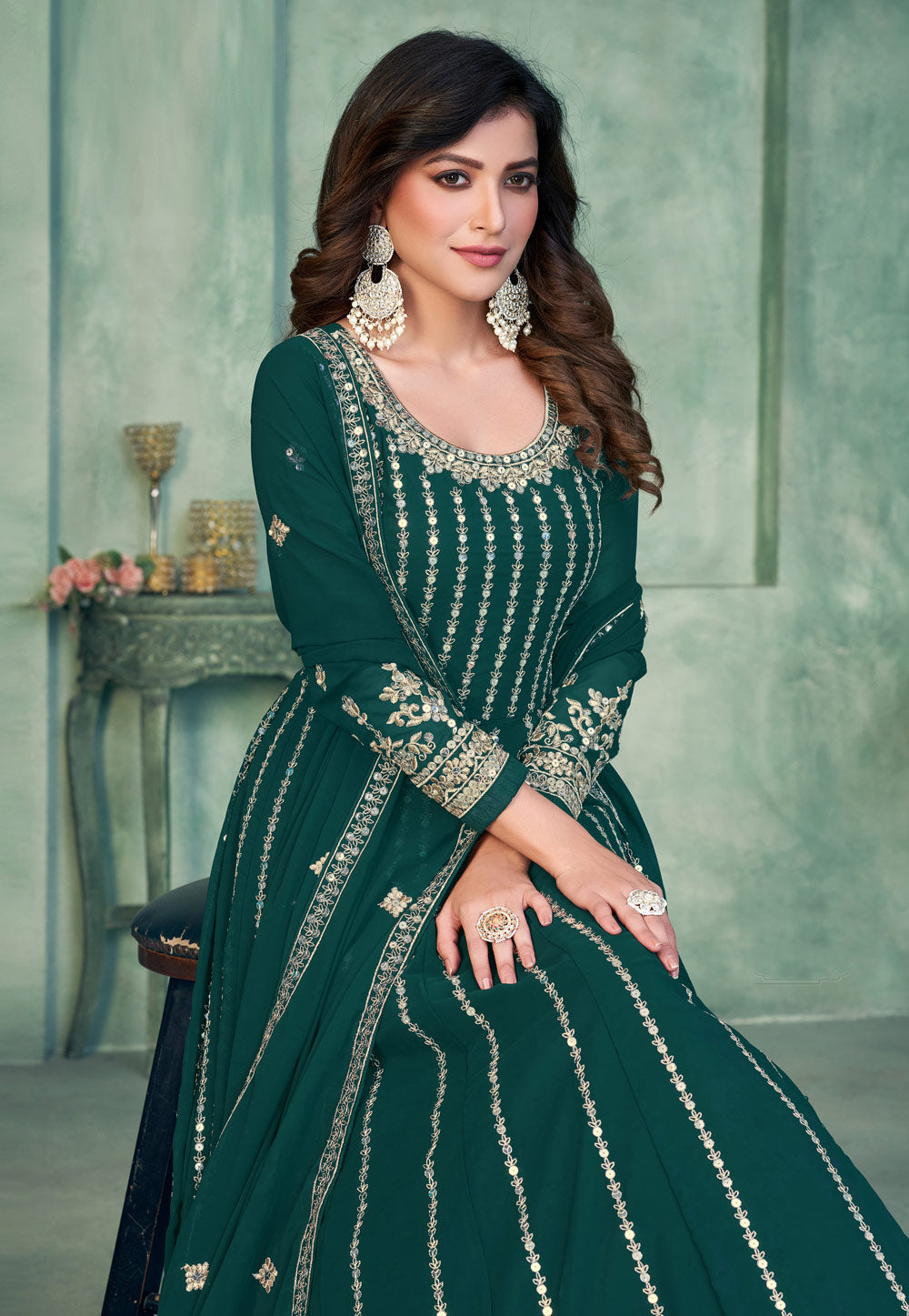 Green and Gold Embroidered Anarkali FALAKENOOR Green and Gold Embroidered Anarkali FALAKENOOR