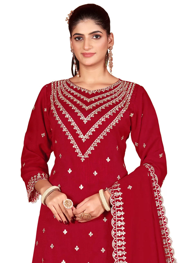 Red Embroidered Palazzo Suit