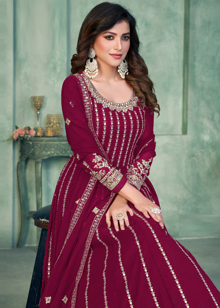 Maroon and Gold Embroidered Anarkali