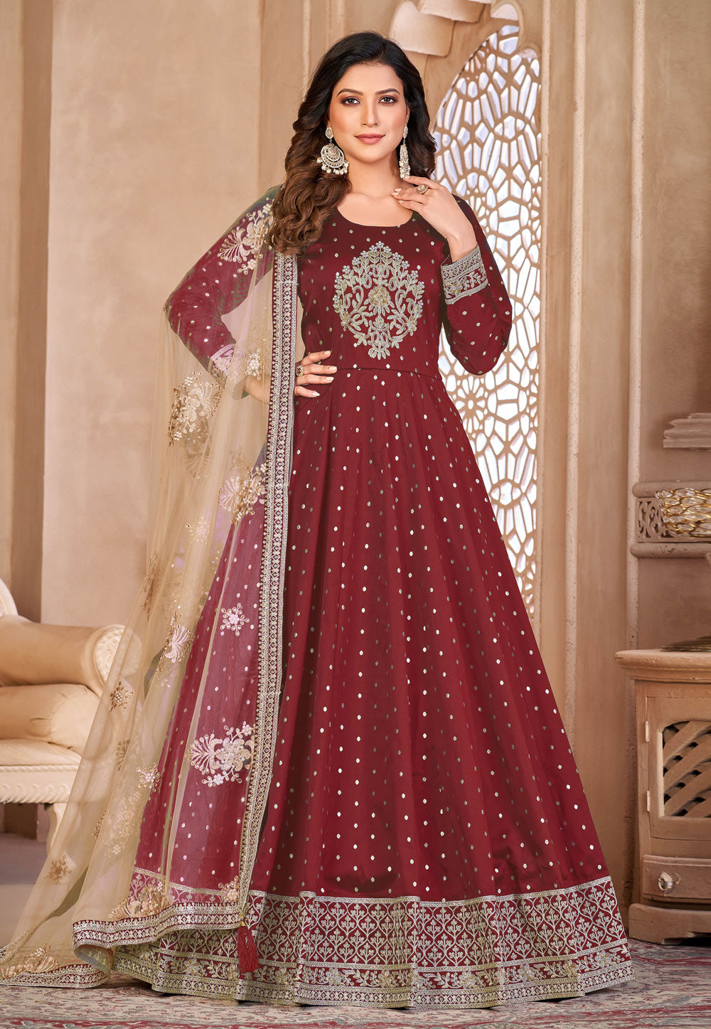 Maroon and Gold Embroidered Anarkali FALAKENOOR Maroon and Gold Embroidered Anarkali FALAKENOOR