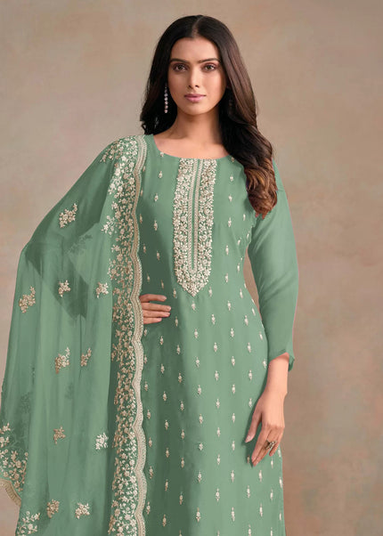 Sea Green Embroidered Pant Style Suit