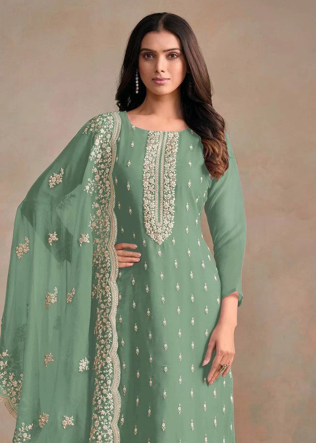 Sea Green Embroidered Pant Style Suit