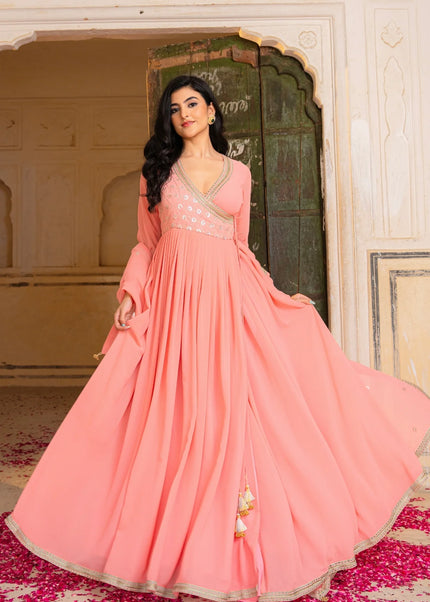 Peach Embroidered Anarkali Gown