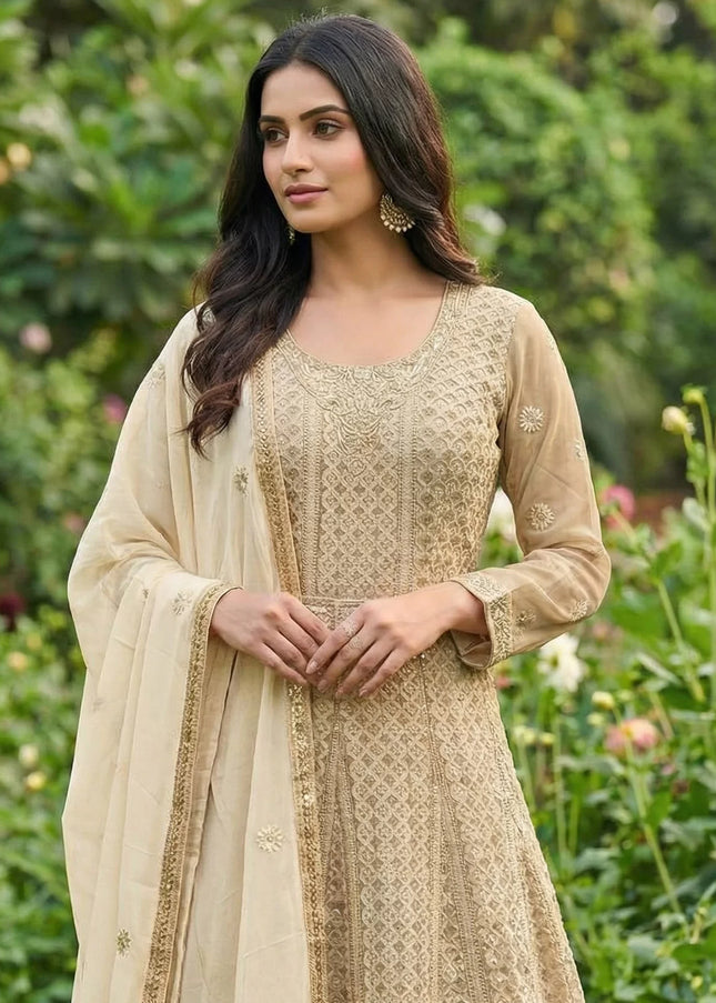 Cream Embroidered Anarkali Gown