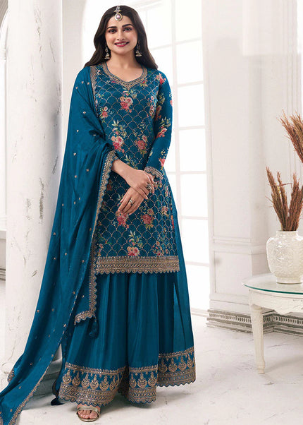 Teal Blue Embroidered Sharara Suit