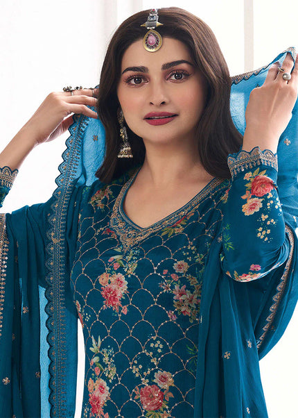 Teal Blue Embroidered Sharara Suit