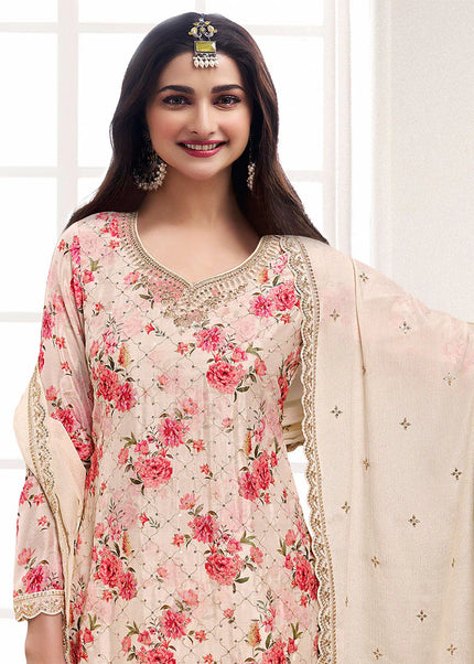 Beige Embroidered Sharara Suit