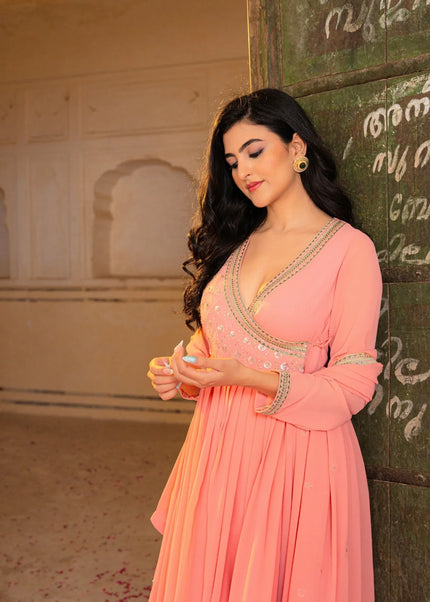 Peach Embroidered Anarkali Gown