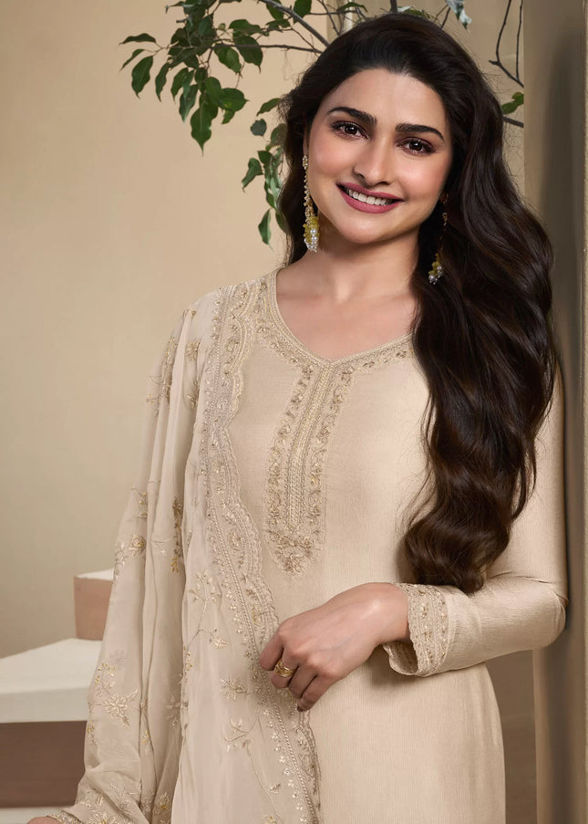 Cream Embroidered Pant Style Suit