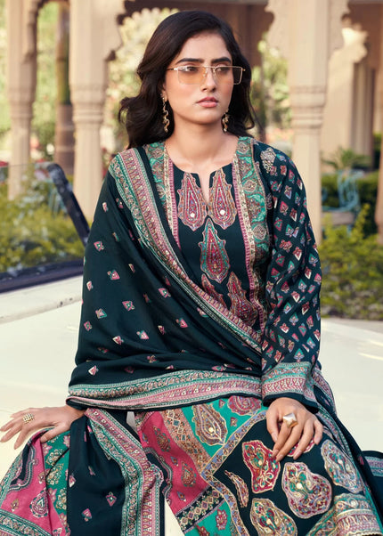 Navy Blue Printed and Embroidered Pant Suit