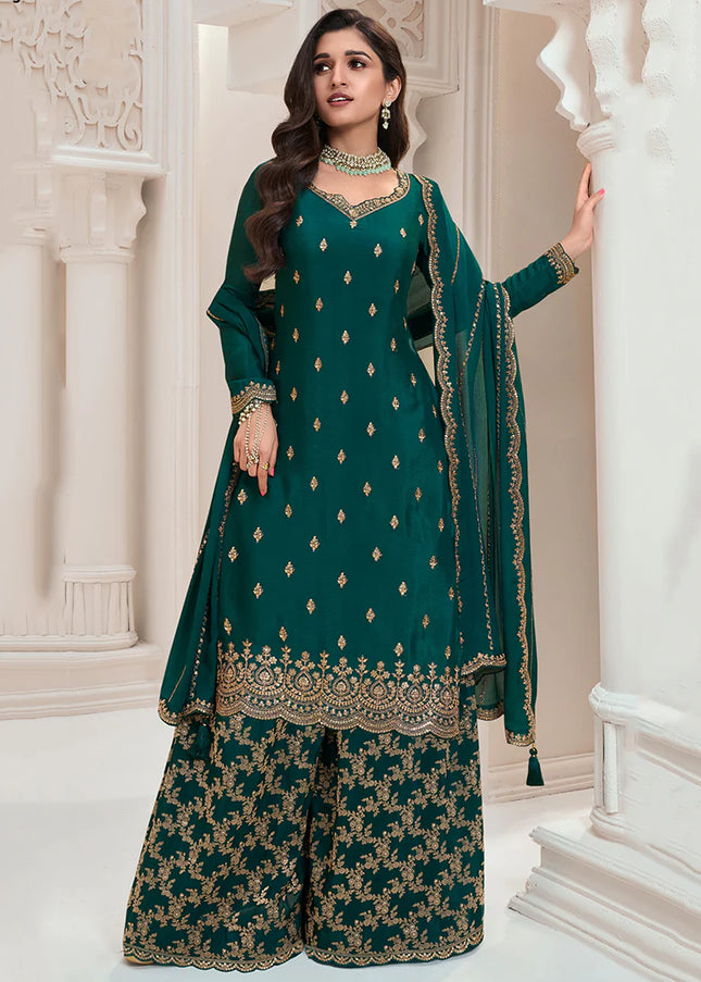 Green Embroidered Palazzo Suit