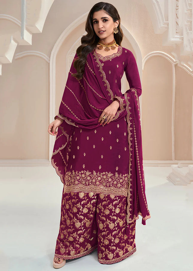 Deep Wine Embroidered Palazzo Suit