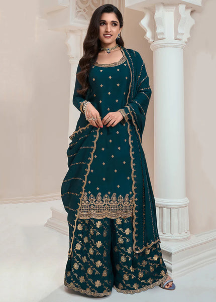 Teal Embroidered Palazzo Suit