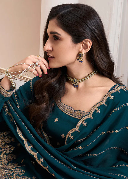 Teal Embroidered Palazzo Suit