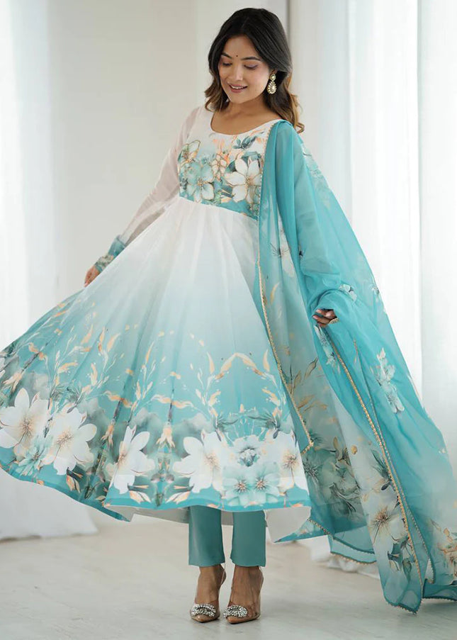 Offwhite and Aqua Floral Printed Anarkali Suit