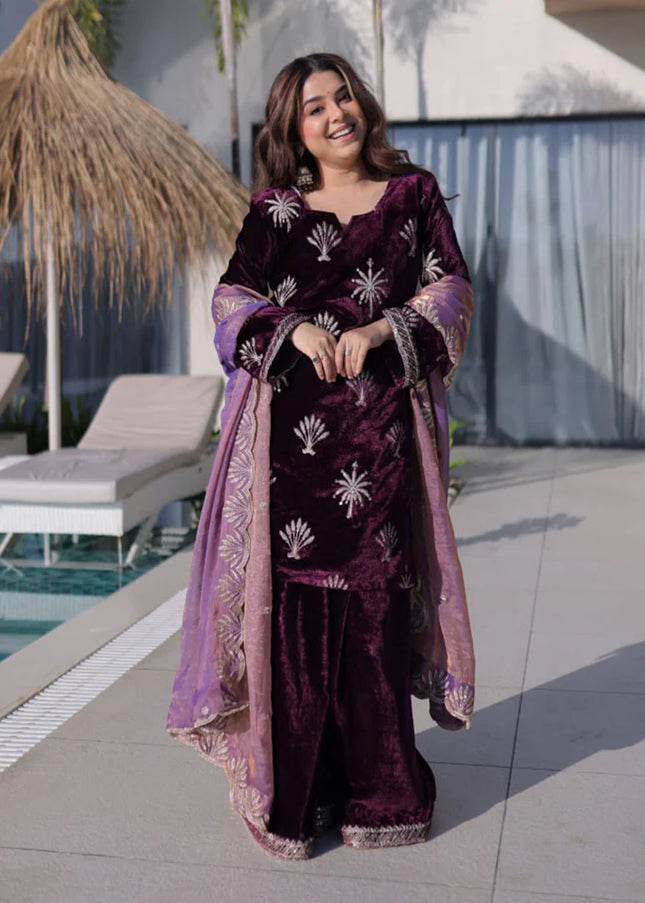 Purple Embroidered Sharara Suit