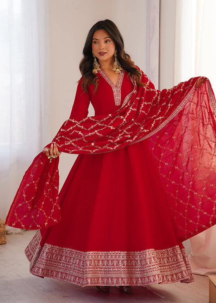 Red Embroidered Anarkali Gown