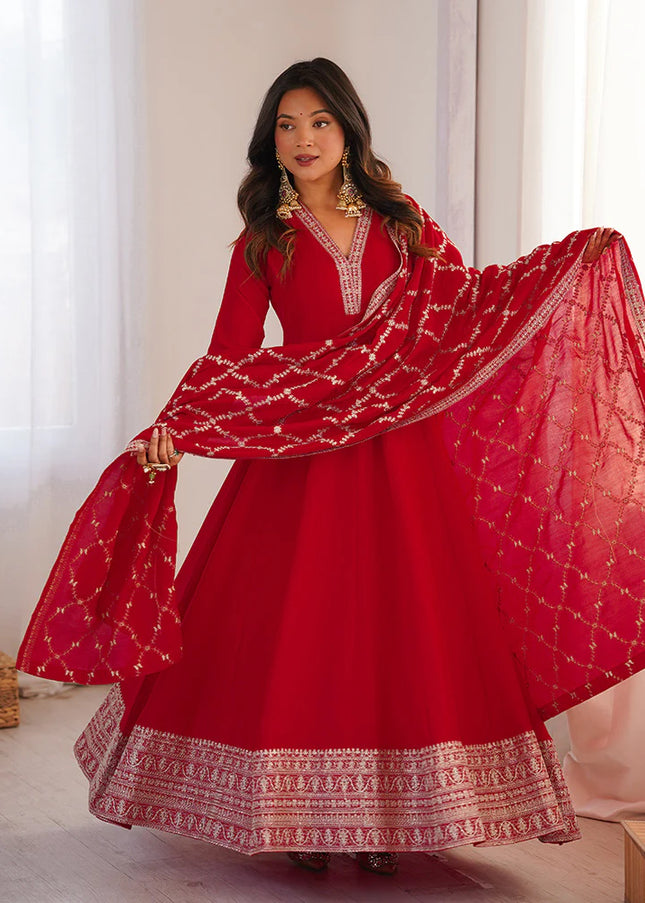 Red Embroidered Anarkali Gown