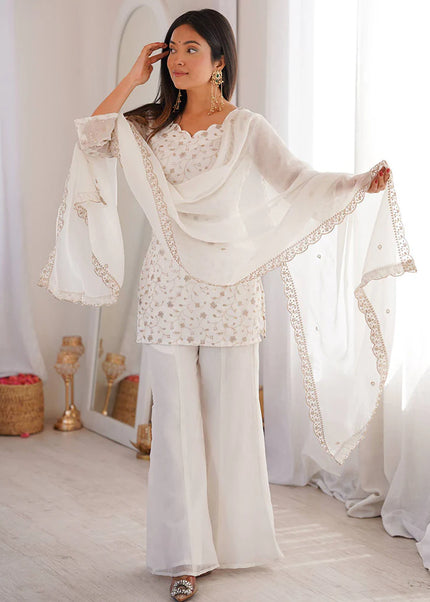 Offwhite Embroidered Palazzo Suit