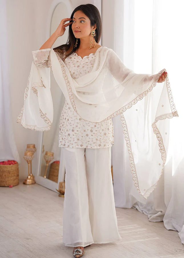 Offwhite Embroidered Palazzo Suit