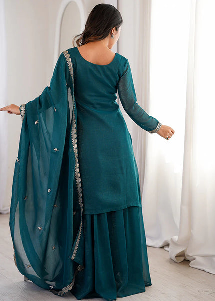 Teal Embroidered Sharara Suit