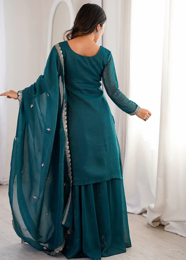 Teal Embroidered Sharara Suit