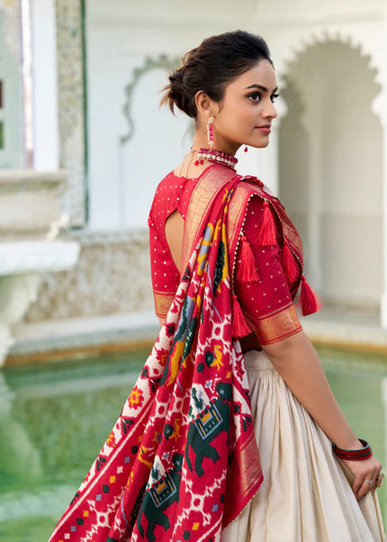 Offwhite and Red Embroidered Lehenga Choli