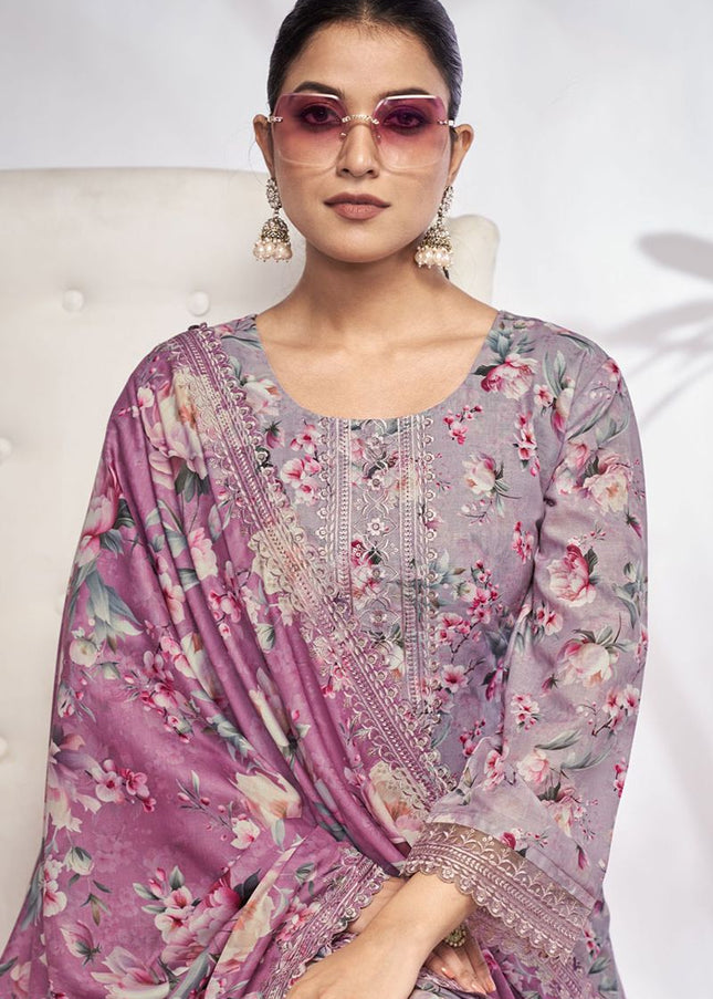 Lavender Floral Printed and Embroidered Pant Style Suit
