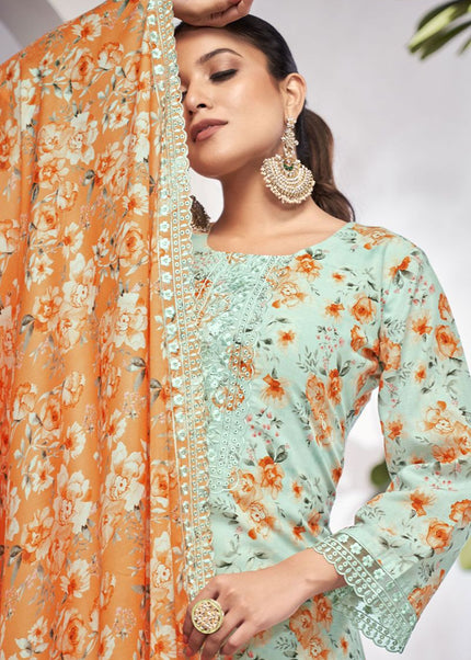 Blue and Peach Floral Printed and Embroidered Pant Style Suit