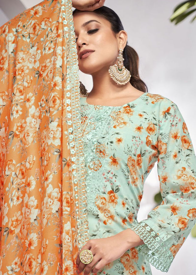 Blue and Peach Floral Printed and Embroidered Pant Style Suit