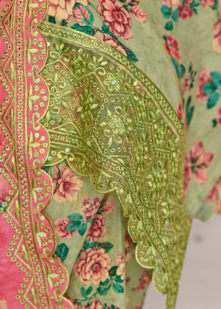 Multicolor Floral Printed and Embroidered Pant Style Suit