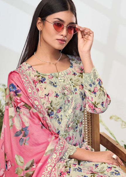 Multicolor Floral Printed and Embroidered Pant Style Suit