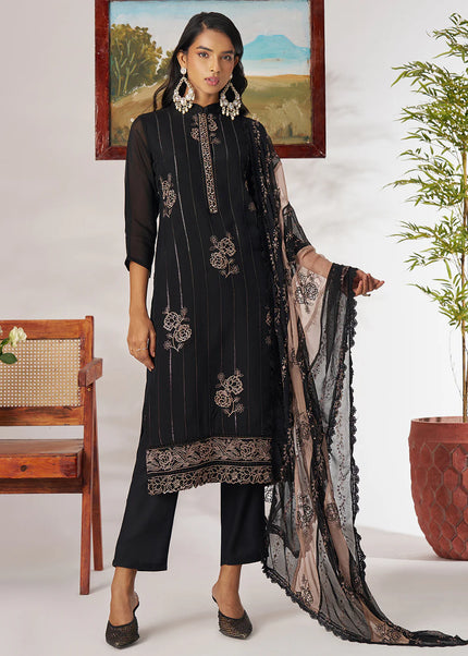 Black Embroidered Pant Suit