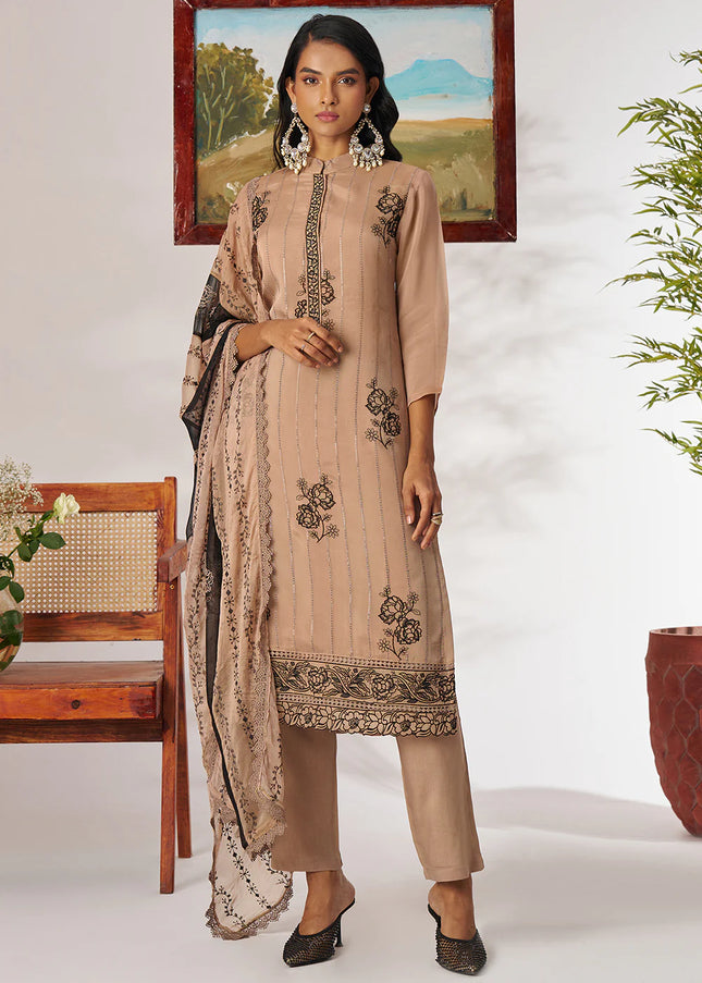 Beige Embroidered Pant Suit