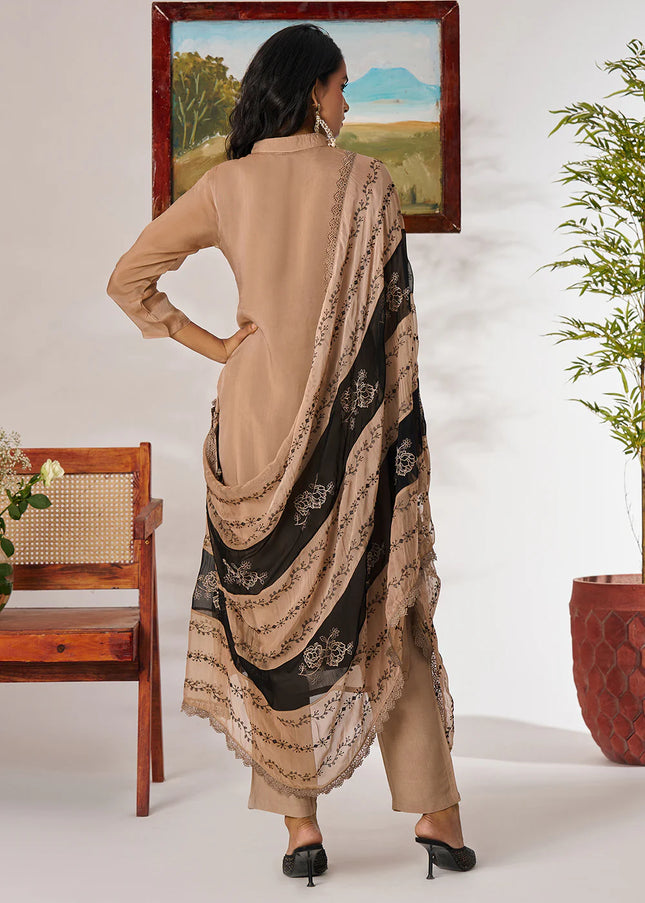 Beige Embroidered Pant Suit