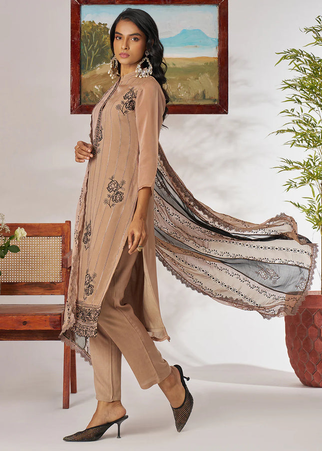 Beige Embroidered Pant Suit