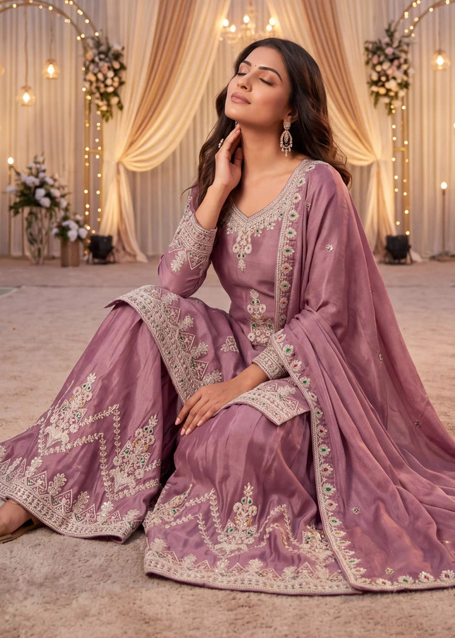 Mauve Embroidered Sharara Suit