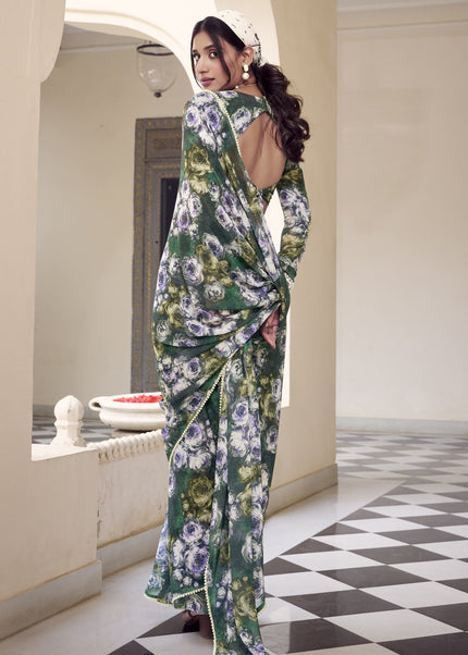 Green Floral Printed and Embroidered Saree