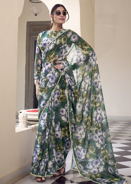 Green Floral Printed and Embroidered Saree
